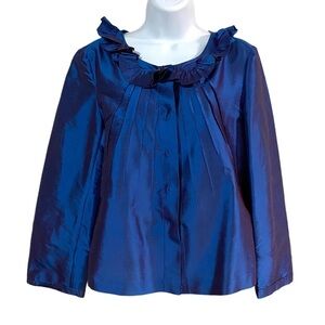 Blue Silk Ruffled Neck Evening Party Blouse Top Medium